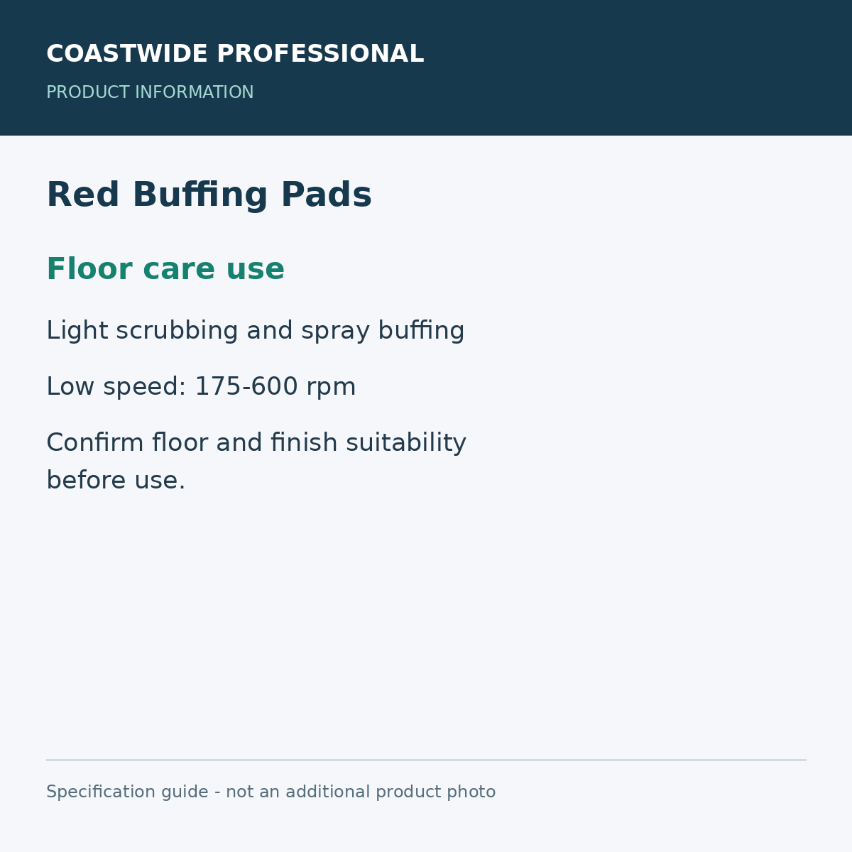Red Buffing Pads - Floor care use; 5 pads / 1 carton; 17-inch diameter; product information graphic
