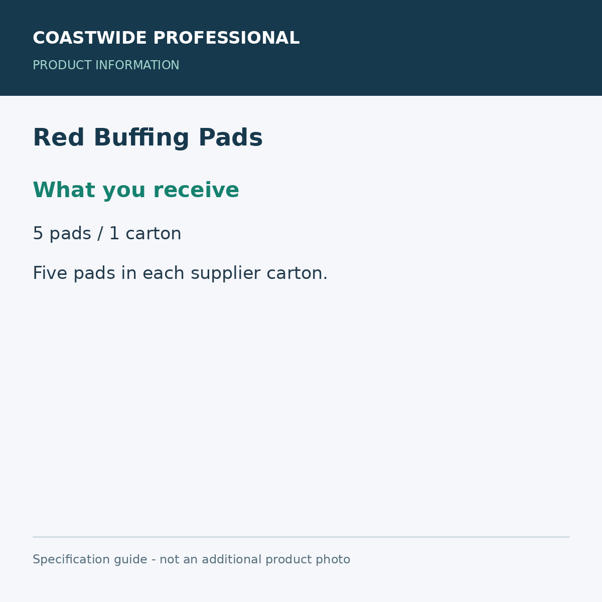 Red Buffing Pads - What you receive; 5 pads / 1 carton; 17-inch diameter; product information graphic