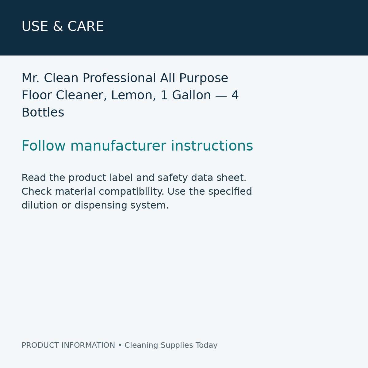 Mr. Clean Professional All Purpose Floor Cleaner, Lemon, 1 Gallon — 4 Bottles — use & care information card