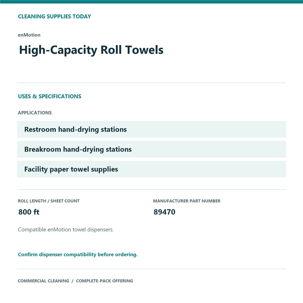 enMotion High-Capacity Roll Towels, 800 ft, 6 Rolls — uses and specifications