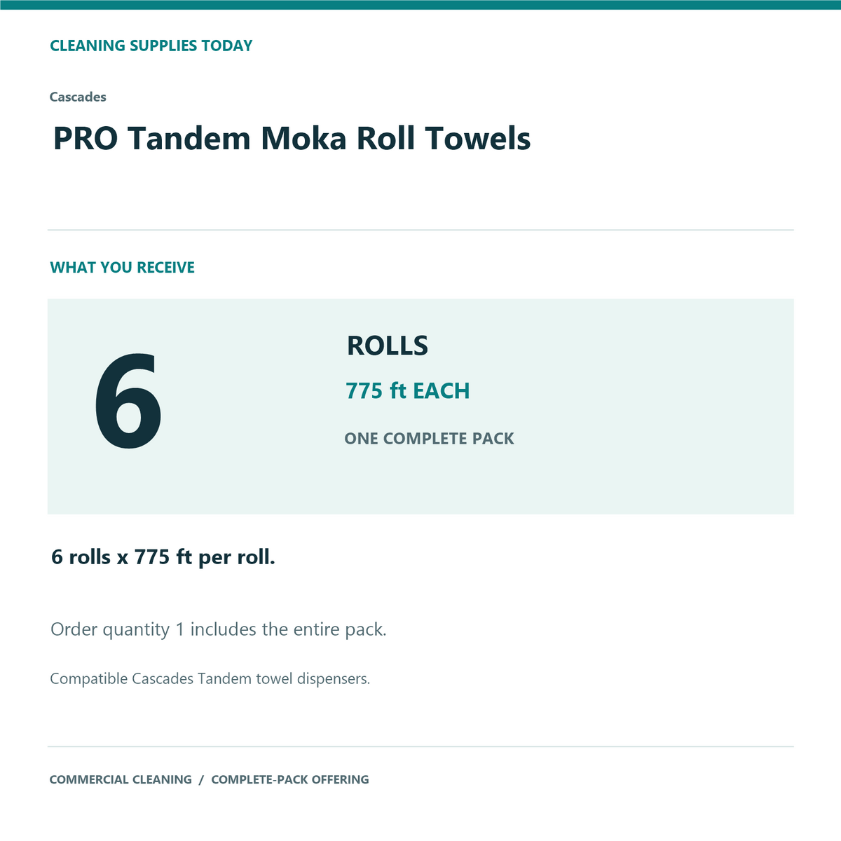 Cascades PRO Tandem Moka Roll Towels, 775 ft, 6 Rolls — complete pack contents