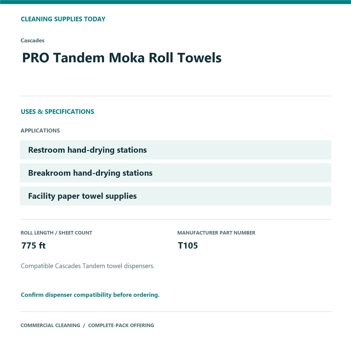 Cascades PRO Tandem Moka Roll Towels, 775 ft, 6 Rolls — uses and specifications