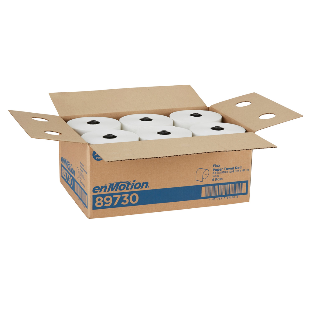 enMotion Flex 89730 white paper towels — open case showing six rolls