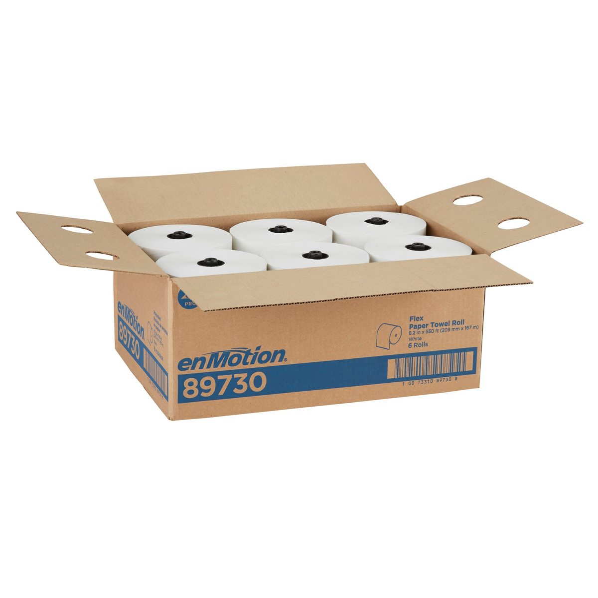 enMotion Flex 89730 white paper towels — open case showing six rolls