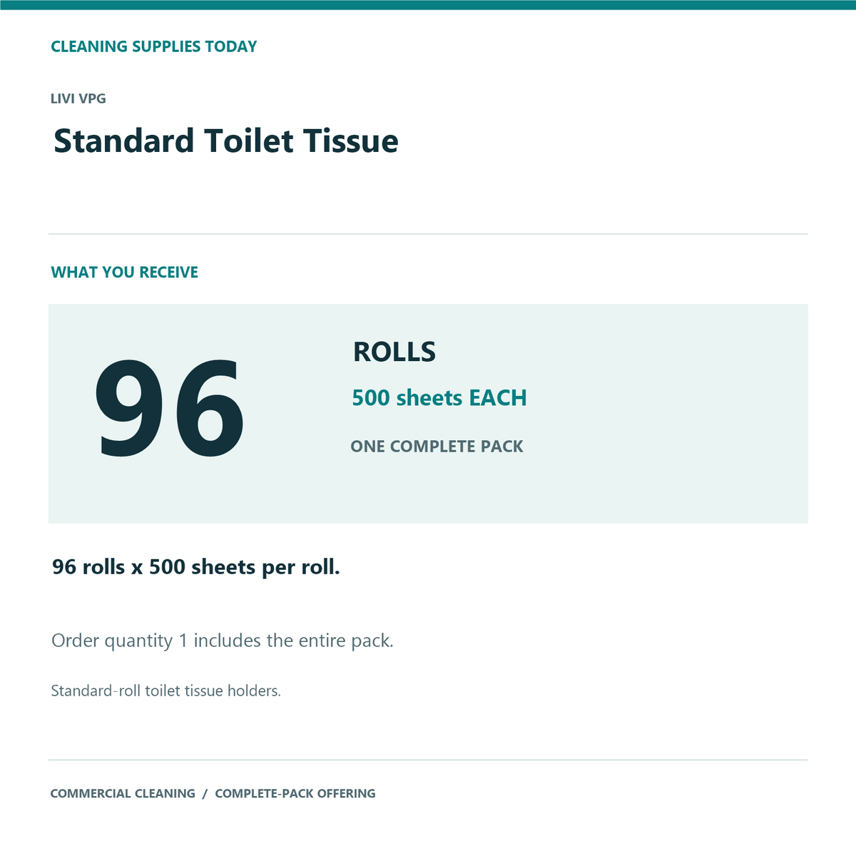 LIVI VPG Standard Toilet Tissue, 500 sheets, 96 Rolls — complete pack contents