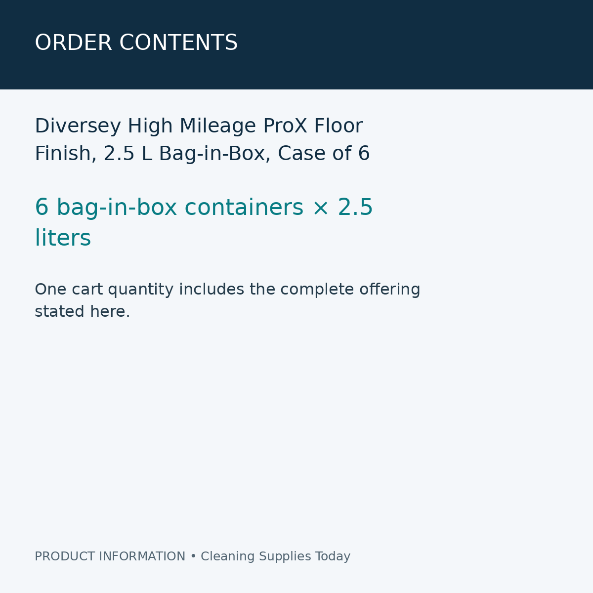 Diversey High Mileage ProX Floor Finish, 2.5 L Bag-in-Box, Case of 6 — order contents information card