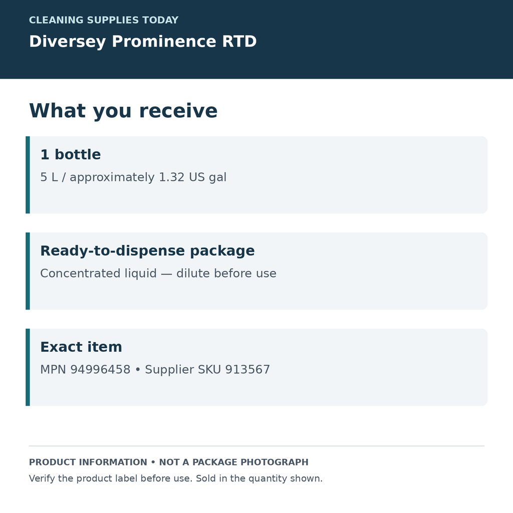 Diversey Prominence RTD — one 5 L bottle; product information card