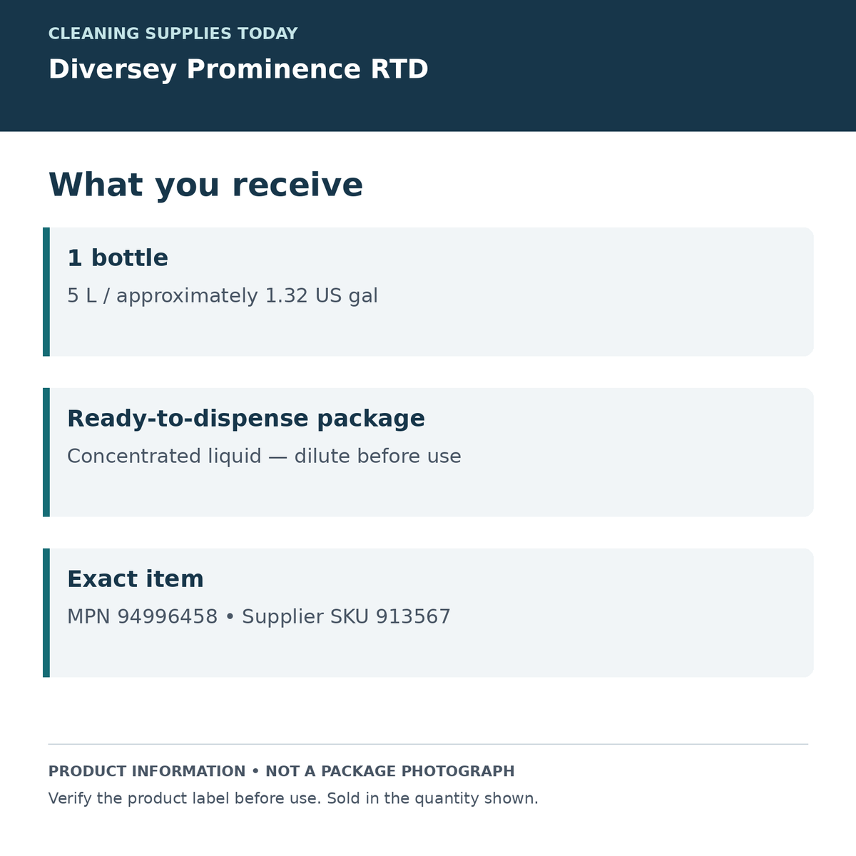 Diversey Prominence RTD — one 5 L bottle; product information card