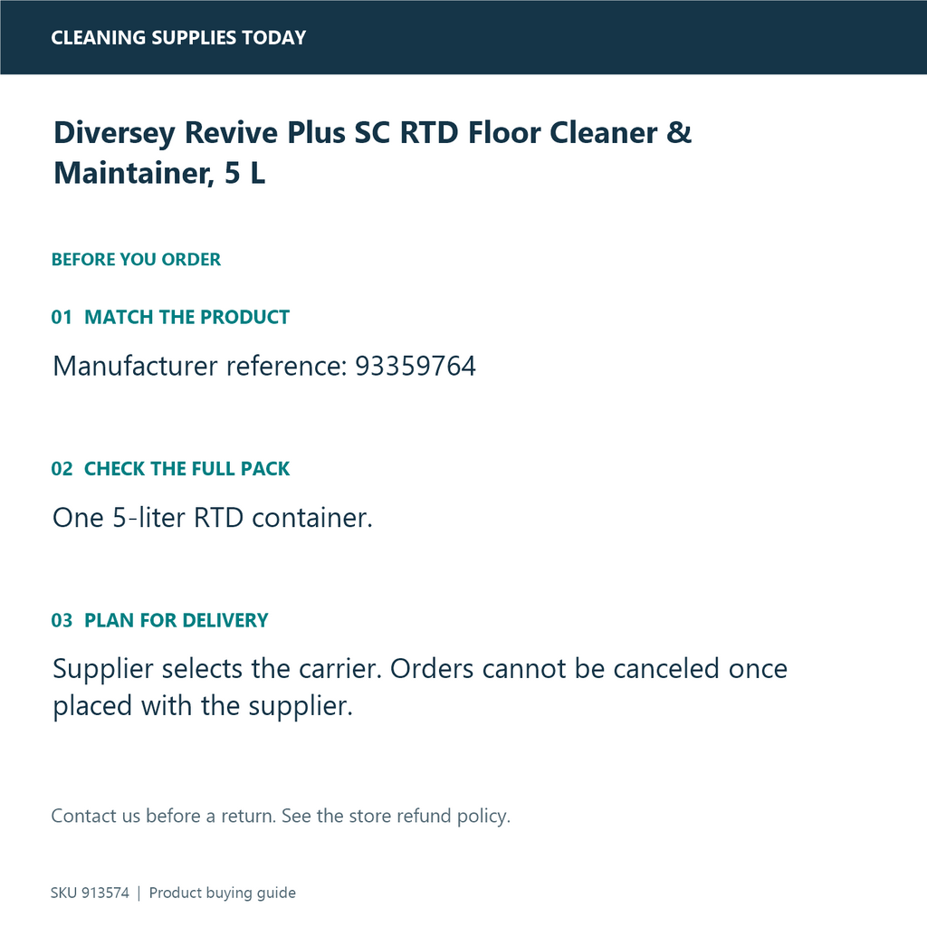 Diversey Revive Plus SC RTD Floor Cleaner & Maintainer, 5 L — pack identification and ordering guide