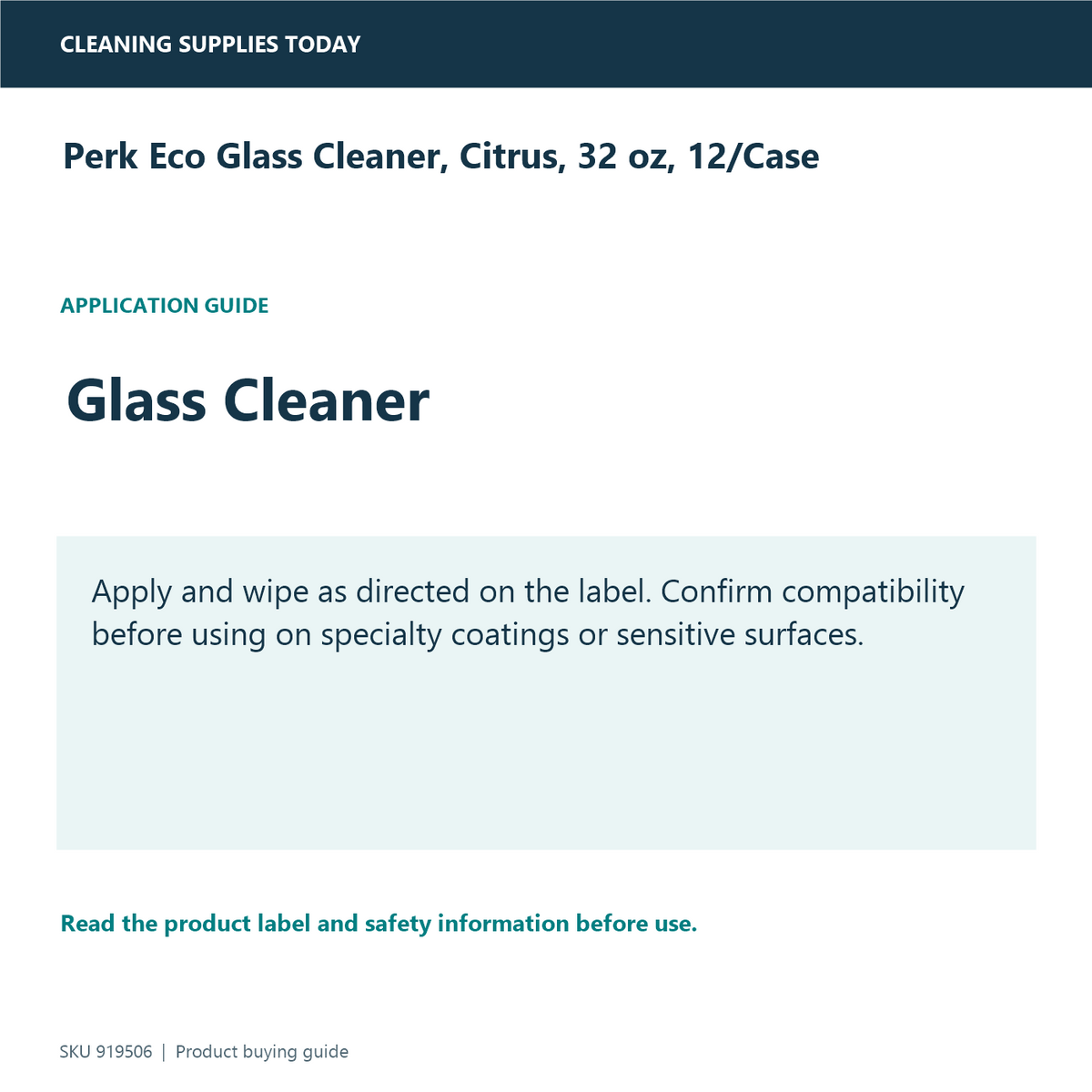 Perk Eco Glass Cleaner, Citrus, 32 oz, 12/Case — application and compatibility guide