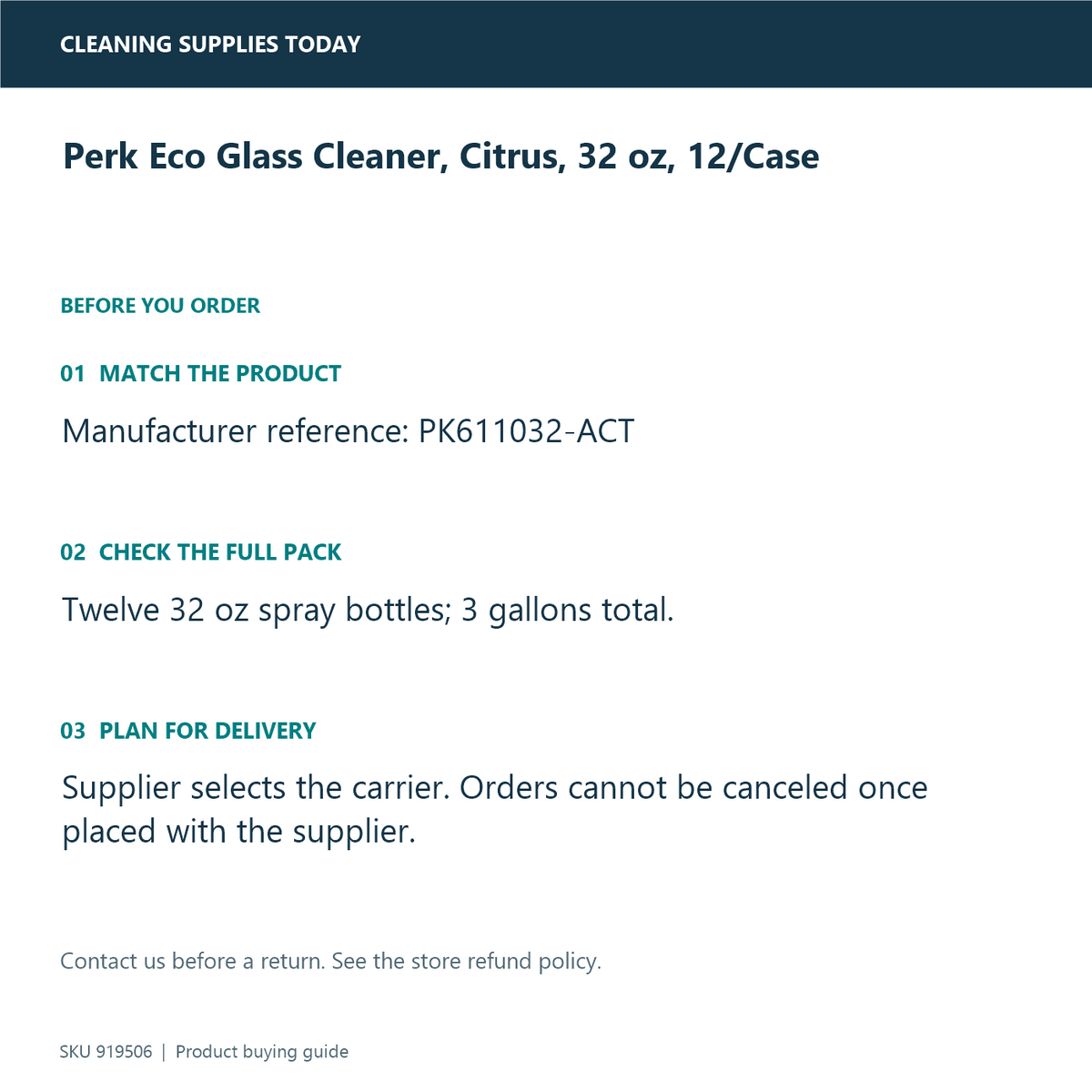 Perk Eco Glass Cleaner, Citrus, 32 oz, 12/Case — pack identification and ordering guide