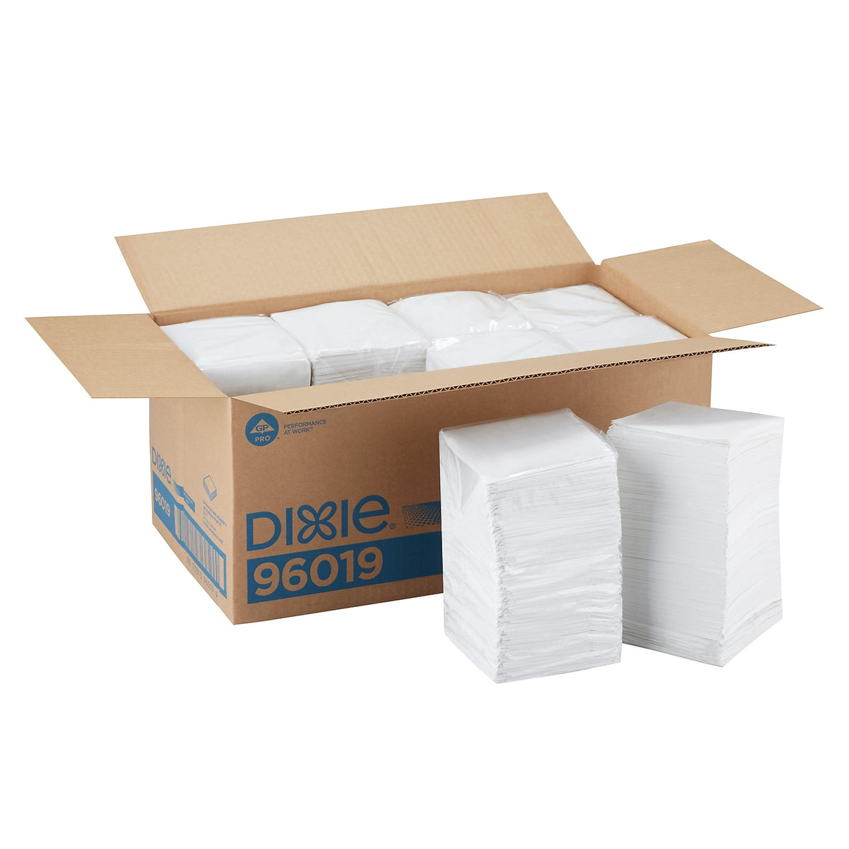 Dixie 96019 white one-ply quarter-fold beverage napkins, eight packs of 500 napkins in an open case