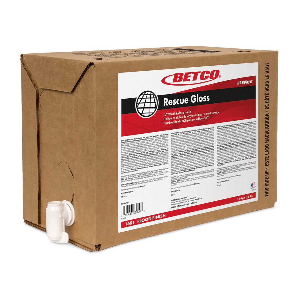 Betco Rescue Gloss 5 gallon bag-in-box label and application information