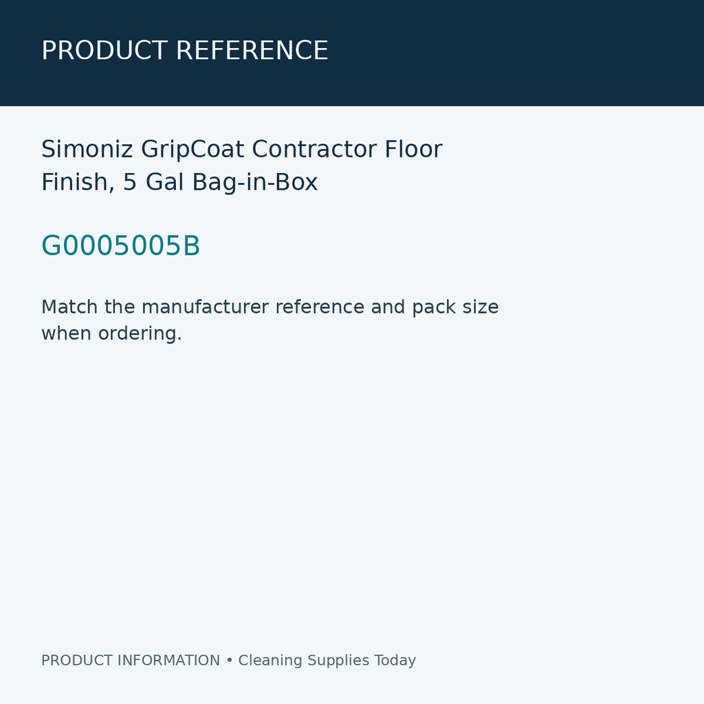 Simoniz GripCoat Contractor Floor Finish, 5 Gal Bag-in-Box — product reference information card