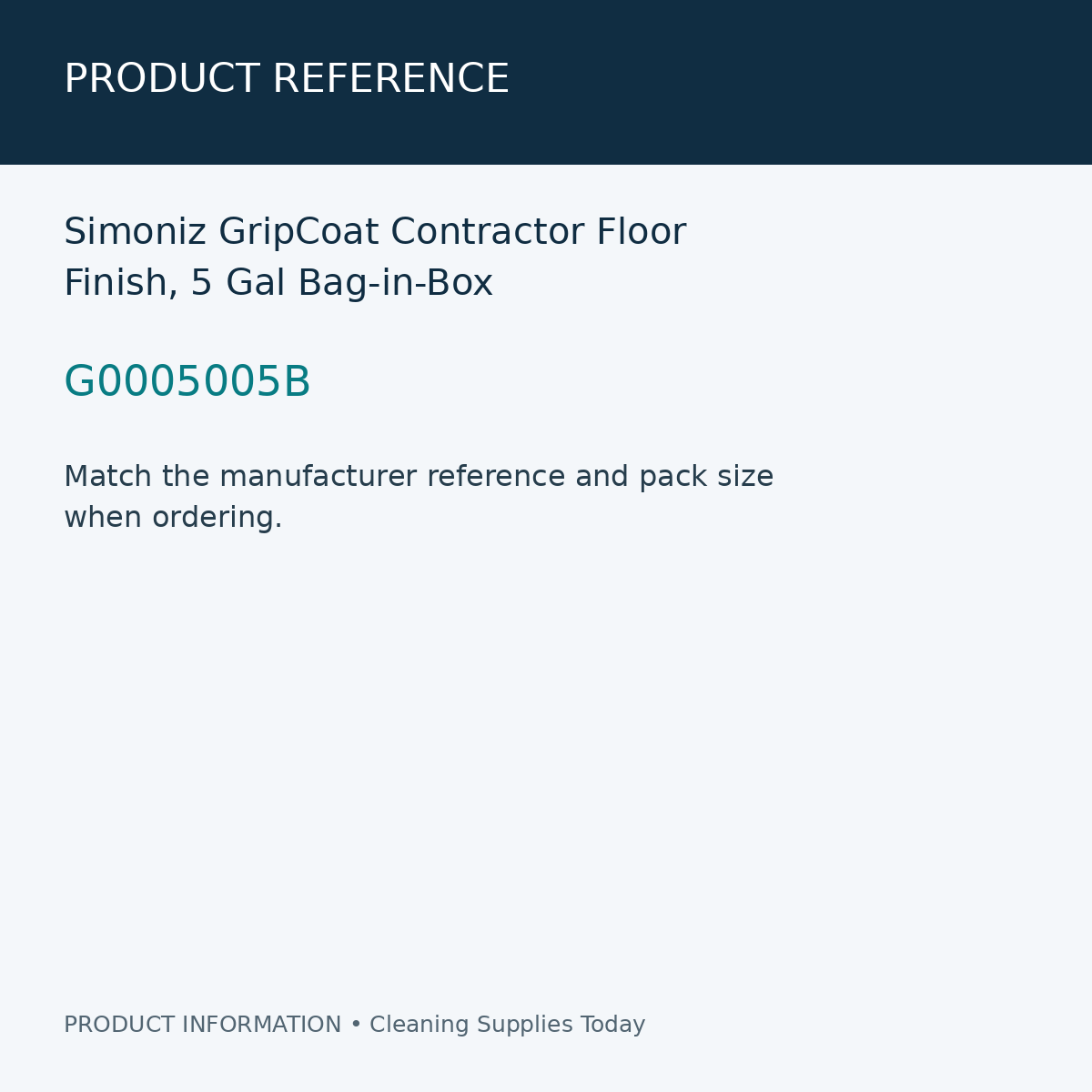 Simoniz GripCoat Contractor Floor Finish, 5 Gal Bag-in-Box — product reference information card