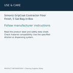 Simoniz GripCoat Contractor Floor Finish, 5 Gal Bag-in-Box — use & care information card