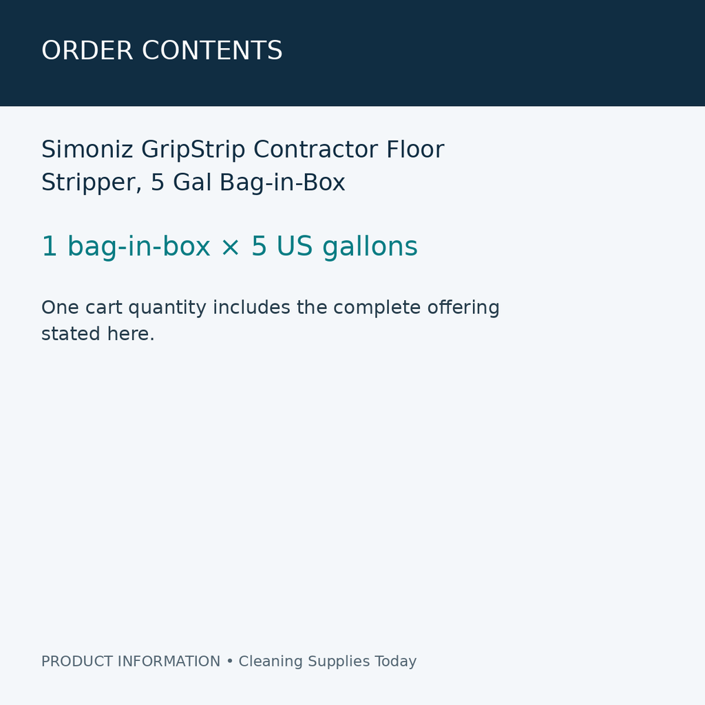 Simoniz GripStrip Contractor Floor Stripper, 5 Gal Bag-in-Box — order contents information card