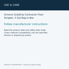 Simoniz GripStrip Contractor Floor Stripper, 5 Gal Bag-in-Box — use & care information card