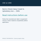 Namco Steam Away Carpet & Upholstery Iron — 5091 — use & care information card