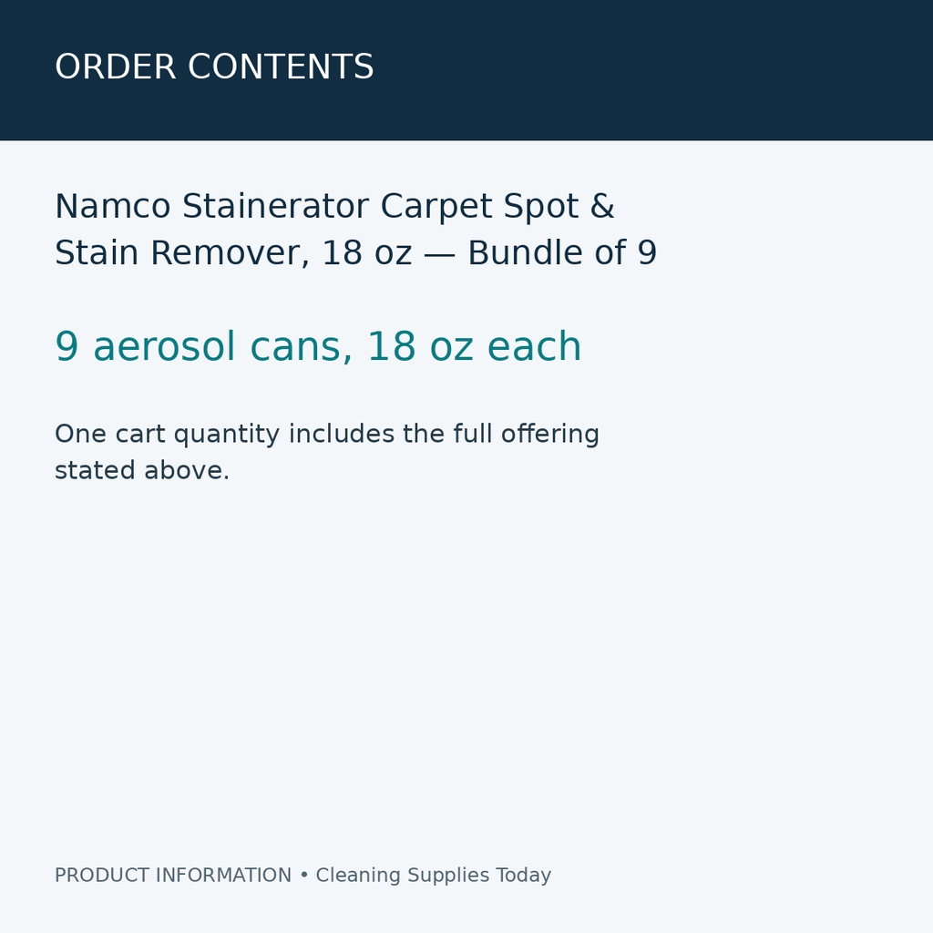 Namco Stainerator Carpet Spot & Stain Remover, 18 oz — Bundle of 9 — order contents information card
