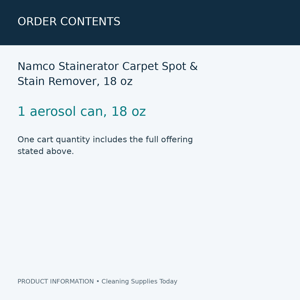 Namco Stainerator Carpet Spot & Stain Remover, 18 oz — order contents information card