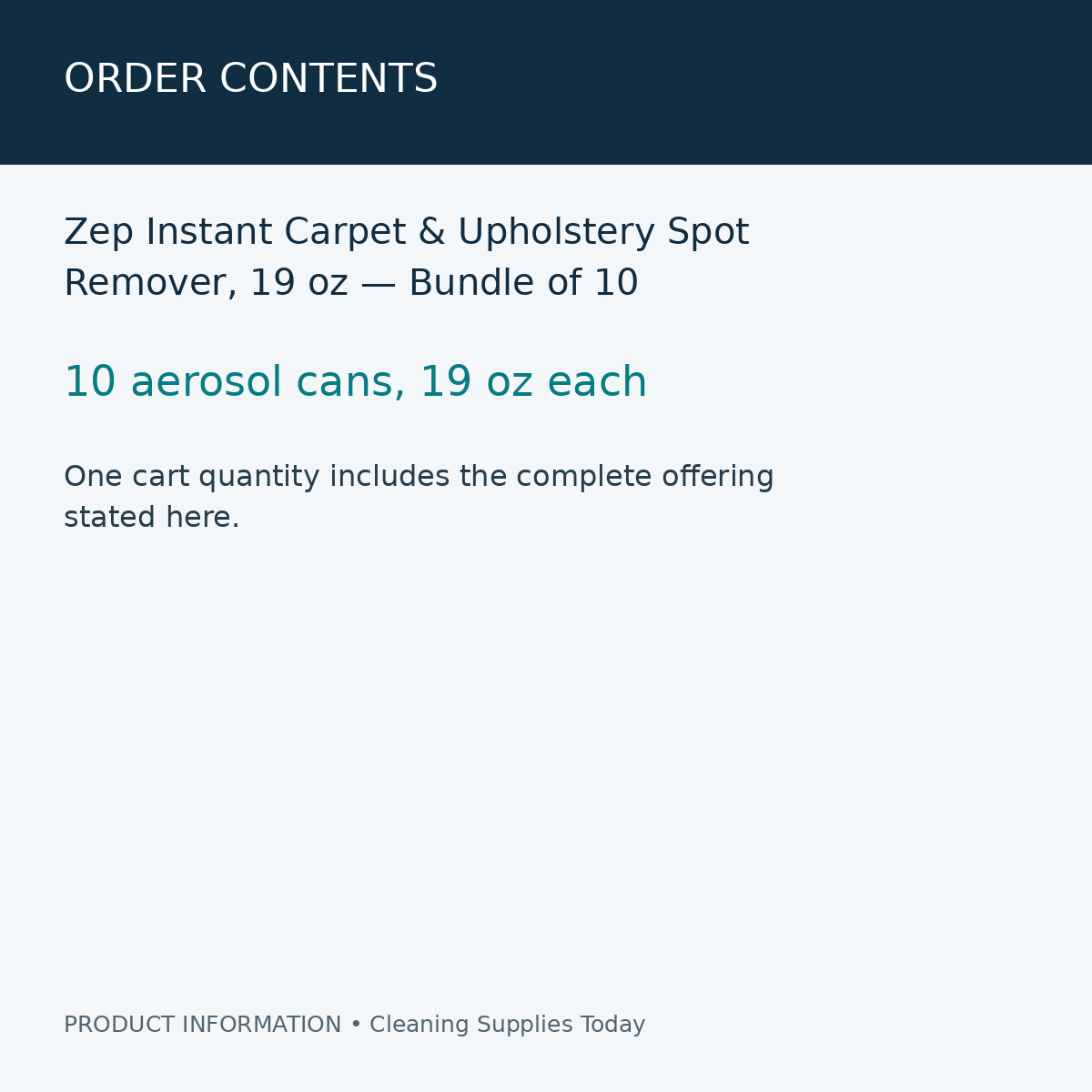 Zep Instant Carpet & Upholstery Spot Remover, 19 oz — Bundle of 10 — order contents information card
