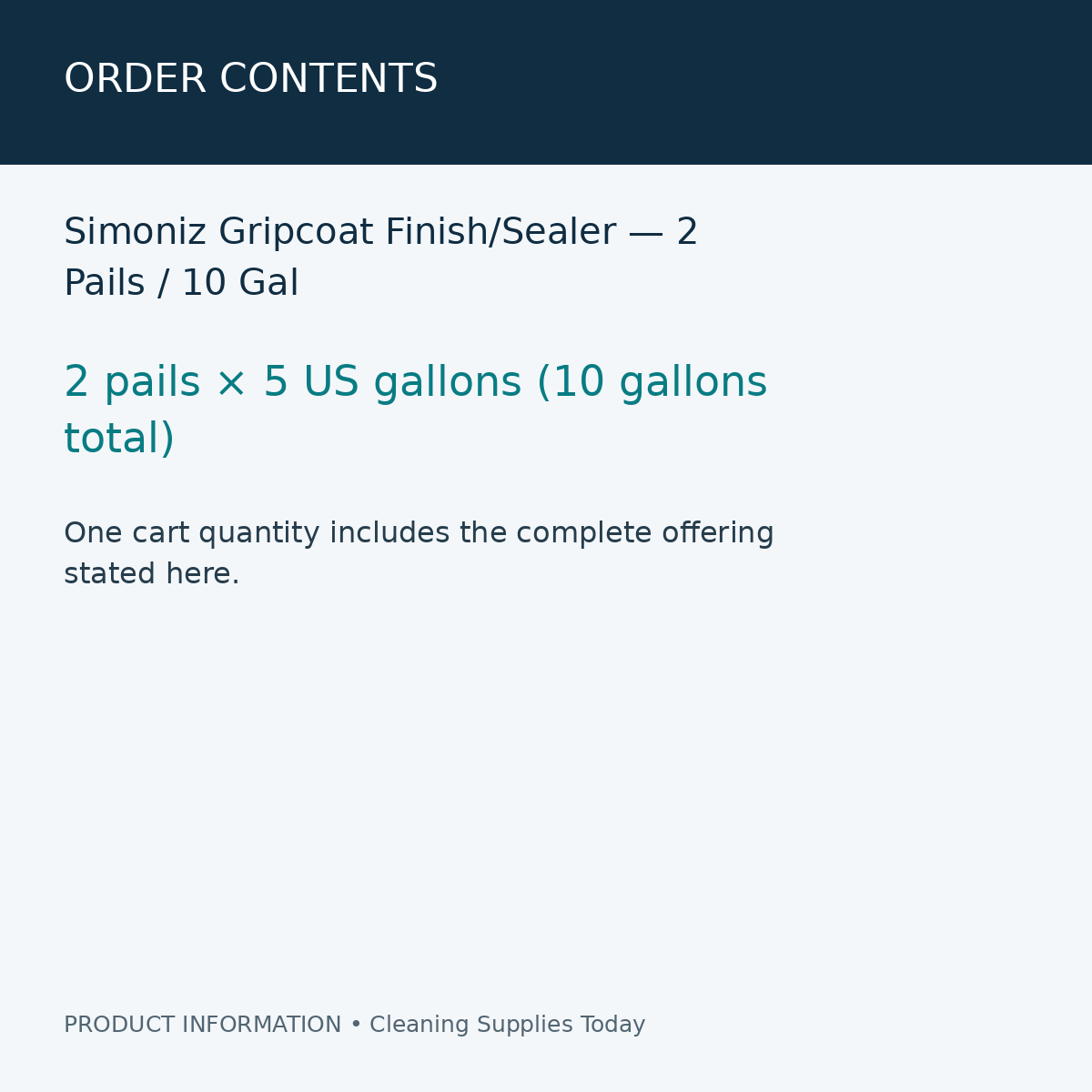 Simoniz Gripcoat Finish/Sealer — 2 Pails / 10 Gal — order contents information card