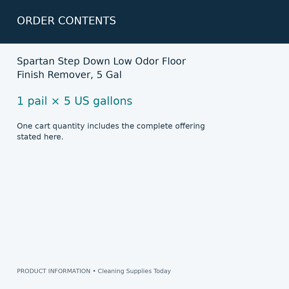 Spartan Step Down Low Odor Floor Finish Remover, 5 Gal — order contents information card