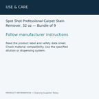 Spot Shot Professional Carpet Stain Remover, 32 oz — Bundle of 9 — use & care information card