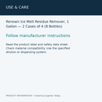 Renown Ice Melt Residue Remover, 1 Gallon — 2 Cases of 4 (8 Bottles) — use & care information card