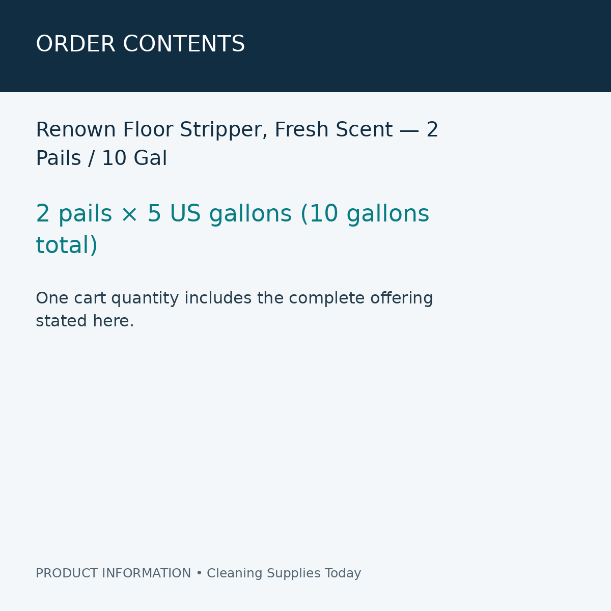 Renown Floor Stripper, Fresh Scent — 2 Pails / 10 Gal — order contents information card