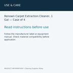 Renown Carpet Extraction Cleaner, 1 Gal — Case of 4 — use & care information card