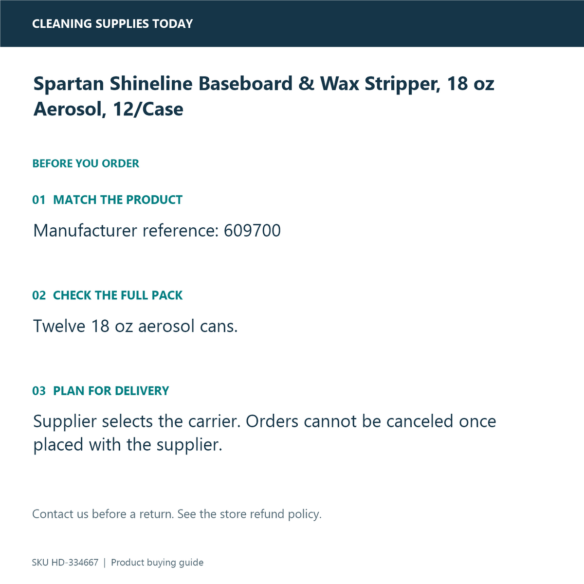 Spartan Shineline Baseboard & Wax Stripper, 18 oz Aerosol, 12/Case — pack identification and ordering guide