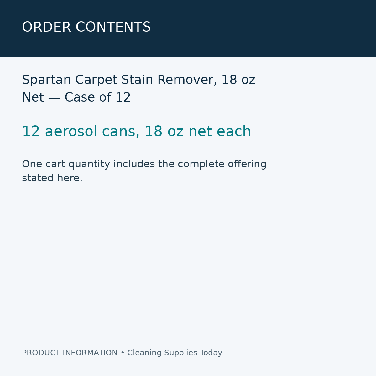Spartan Carpet Stain Remover, 18 oz Net — Case of 12 — order contents information card
