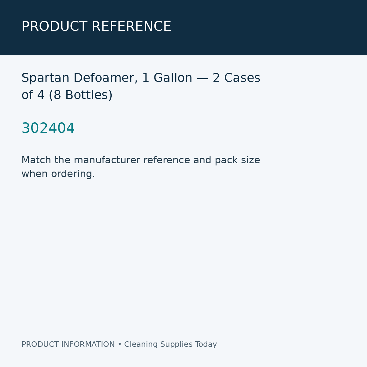 Spartan Defoamer, 1 Gallon — 2 Cases of 4 (8 Bottles) — product reference information card