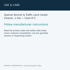 Spartan Bonnet & Traffic Lane Carpet Cleaner, 1 Gal — Case of 4 — use & care information card