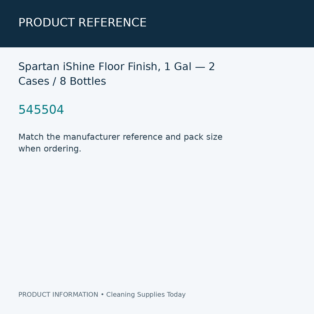 Spartan iShine Floor Finish, 1 Gal — 2 Cases / 8 Bottles — product reference information card