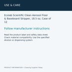 Ecolab Scientific Clean Aerosol Floor & Baseboard Stripper, 18.5 oz, Case of 12 — use & care information card