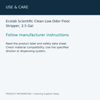 Ecolab Scientific Clean Low Odor Floor Stripper, 2.5 Gal — use & care information card
