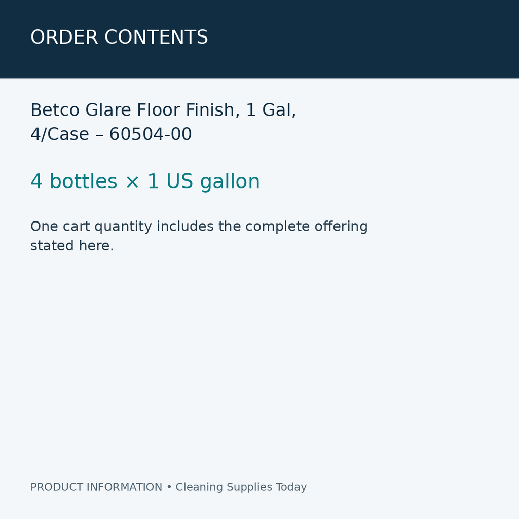 Betco Glare Floor Finish, 1 Gal, 4/Case – 60504-00 — order contents information card