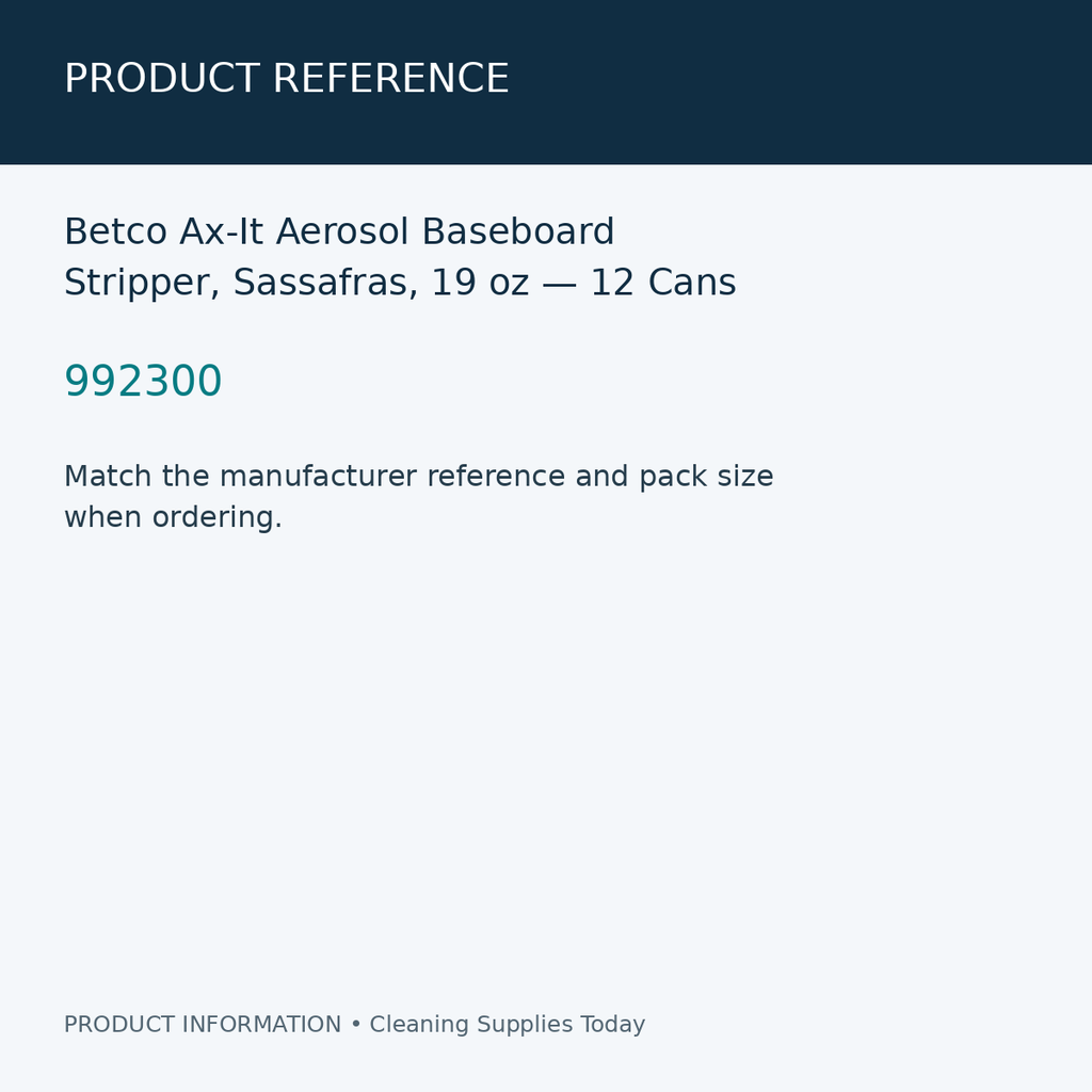 Betco Ax-It Aerosol Baseboard Stripper, Sassafras, 19 oz — 12 Cans — product reference information card