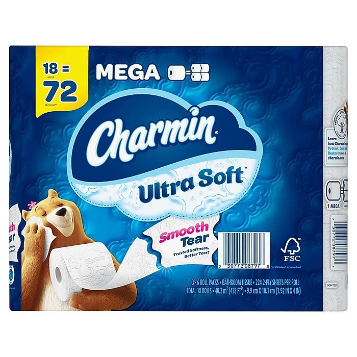 Charmin Ultra Soft Mega Roll White Toilet Tissue – 2-Ply, 264 Sheets/Roll, Case of 18