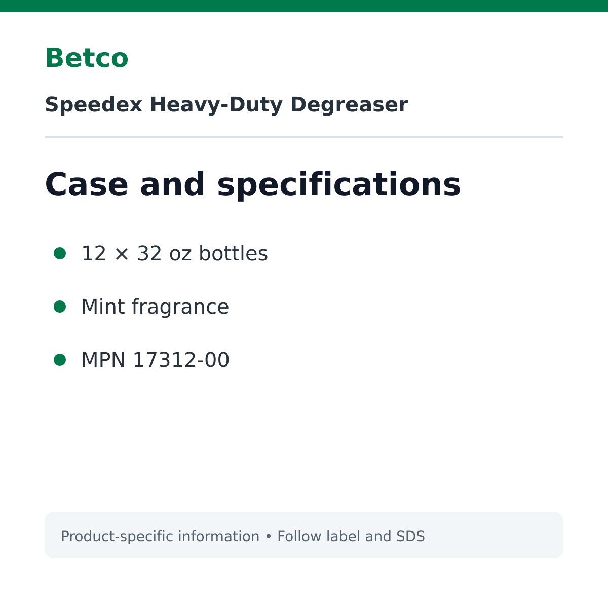Betco Speedex case pack and specifications