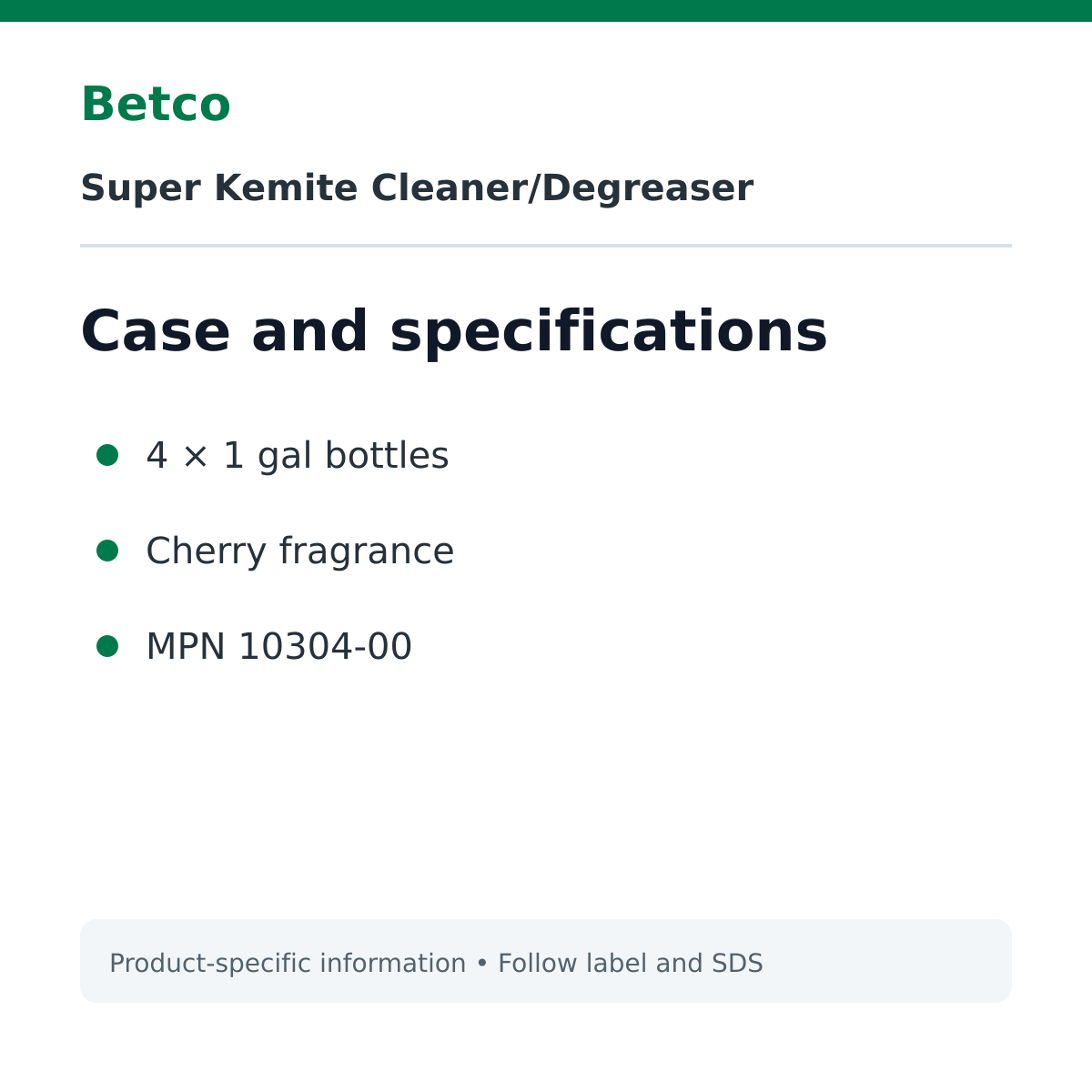 Betco Super Kemite case pack and specifications