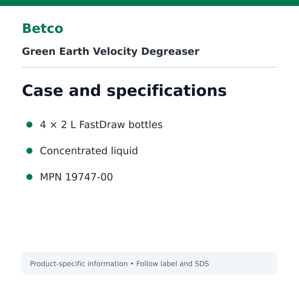 Betco Green Earth Velocity case pack and specifications