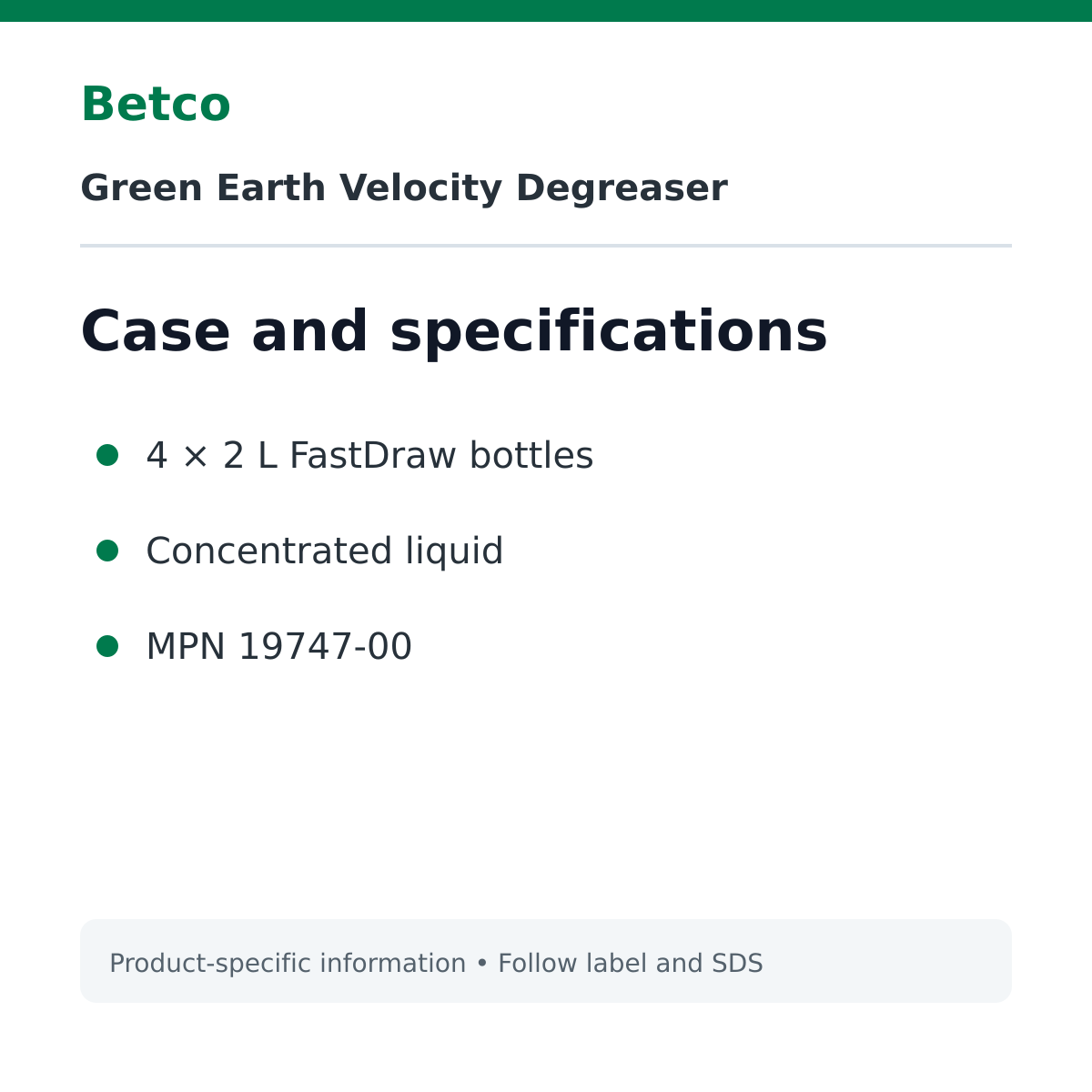 Betco Green Earth Velocity case pack and specifications