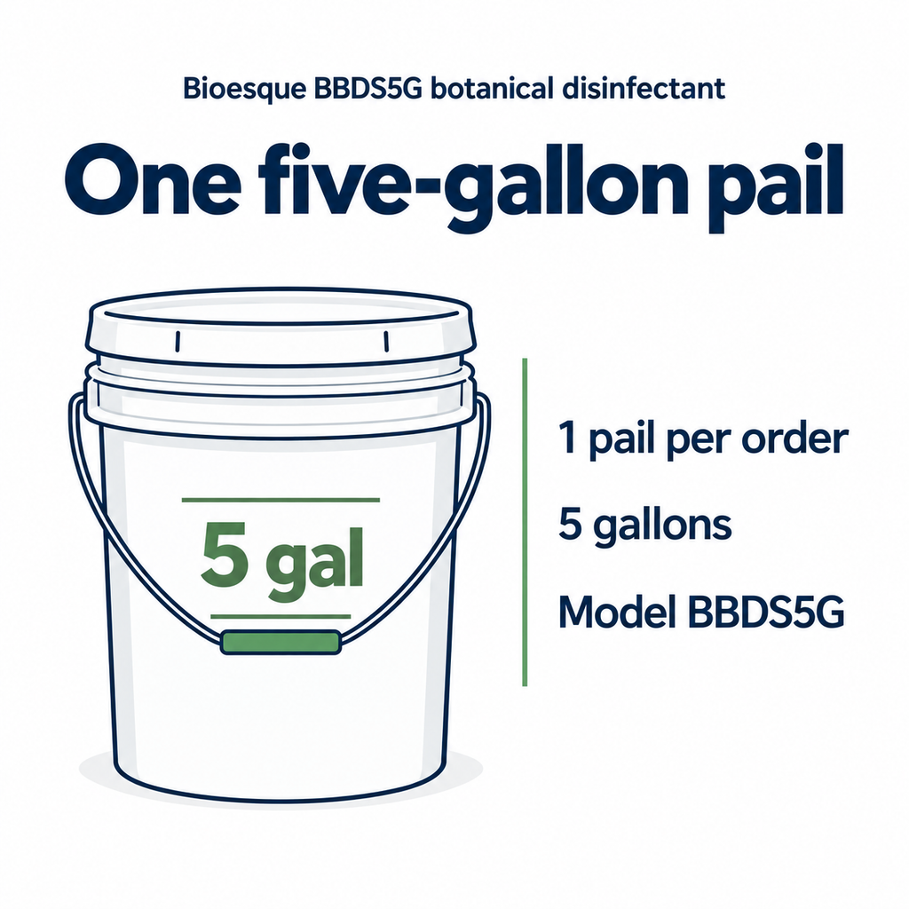 Bioesque BBDS5G botanical disinfectant: One five-gallon pail information graphic