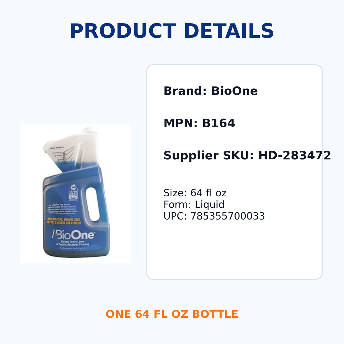 BioOne B164 Drain and Septic Maintainer product specifications and MPN