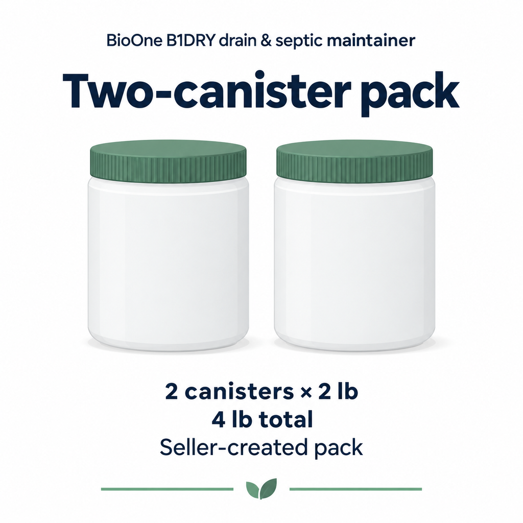 BioOne B1DRY drain & septic maintainer: Two-canister pack information graphic