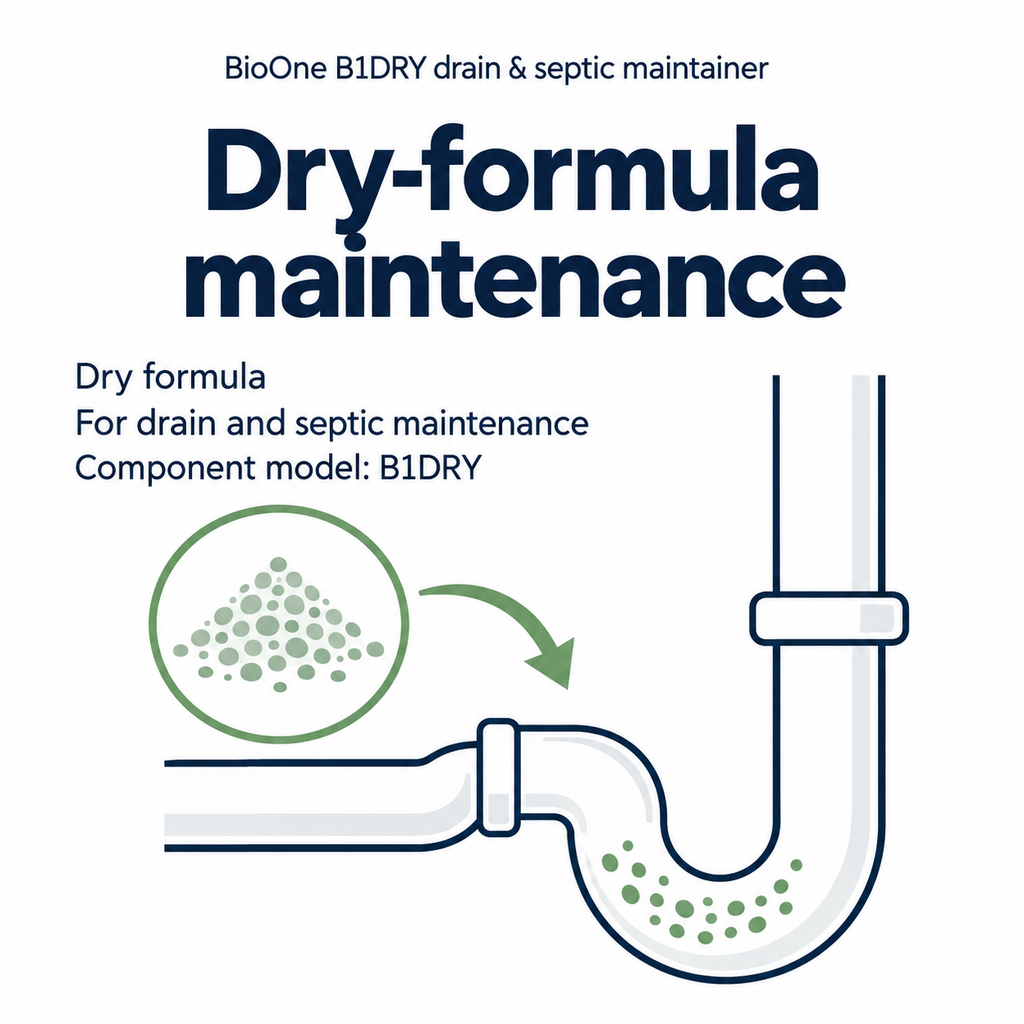 BioOne B1DRY drain & septic maintainer: Dry-formula maintenance information graphic